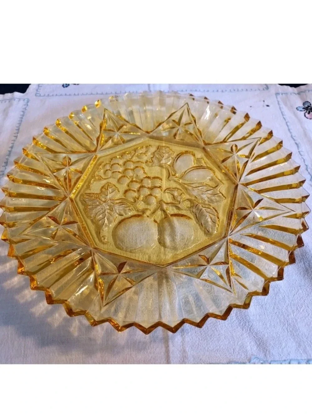 Vintage Federal Glass Serving Platter Plate Pioneer Yellow Amber Fruit 11 1/2